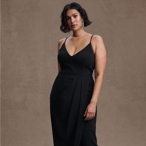 BHLDN Lyra V-Neck Faux-Wrap Stretch Crepe Black Midi Dress